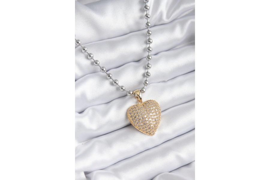 Shoecide 316l Çelik Gümüş Renk Topçuk Zincir Gold Zirkon Taşlı Kalp Tasarım Kadın