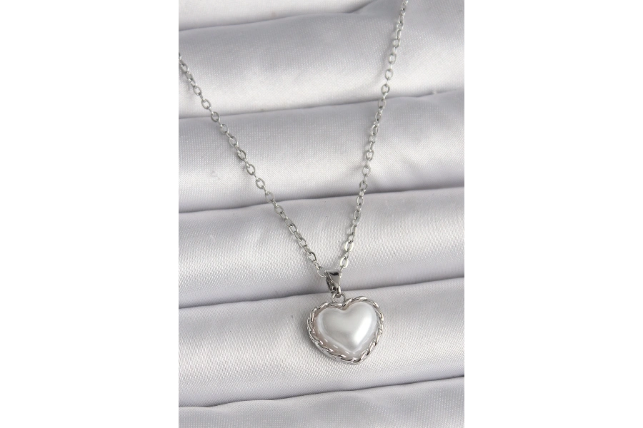 Shoecide 316l Çelik Gümüş Renk Zincir 3d İnci Kalp Model Kadın Kolye