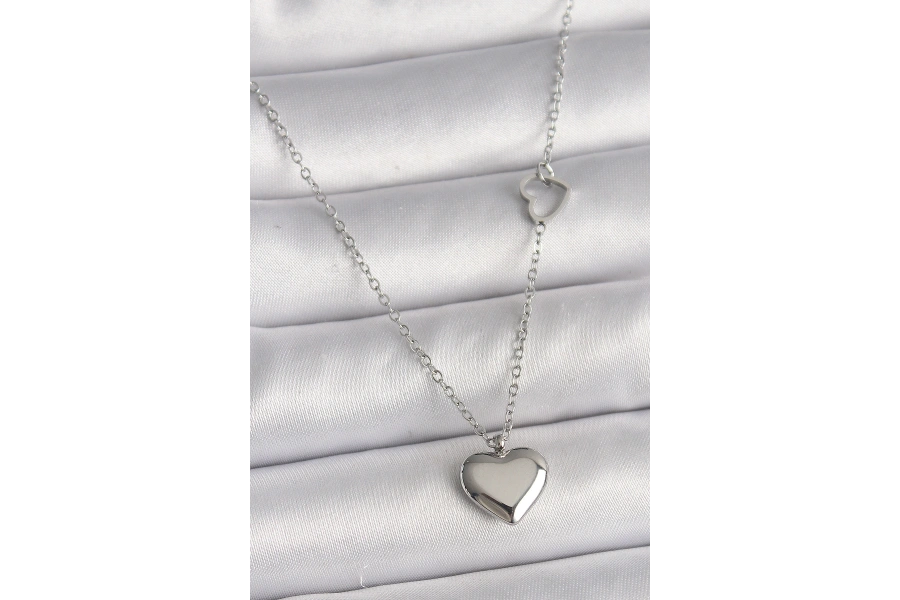 Shoecide 316l Çelik Gümüş Renk Zincir Kalp Detay Kalp Figür Kadın Kolye