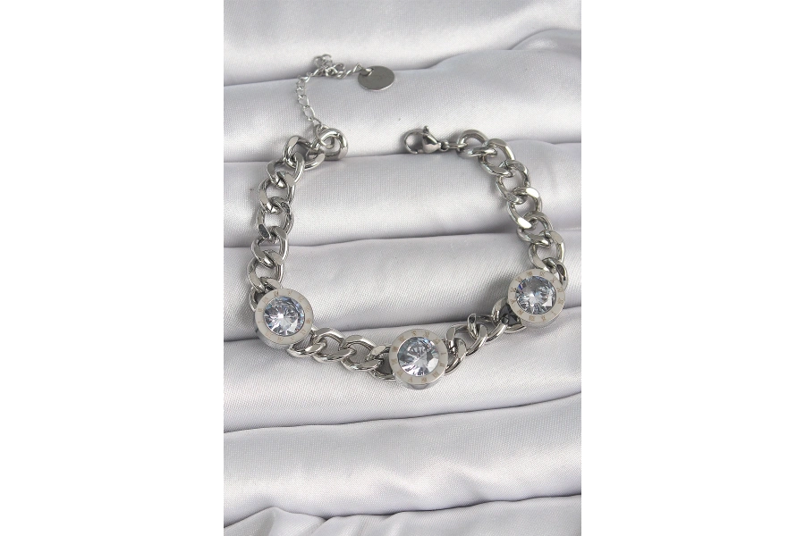 Shoecide 316l Çelik Gümüş Renk Zincir Model Zirkon Taşlı İşleme Detaylı Kadın Bileklik