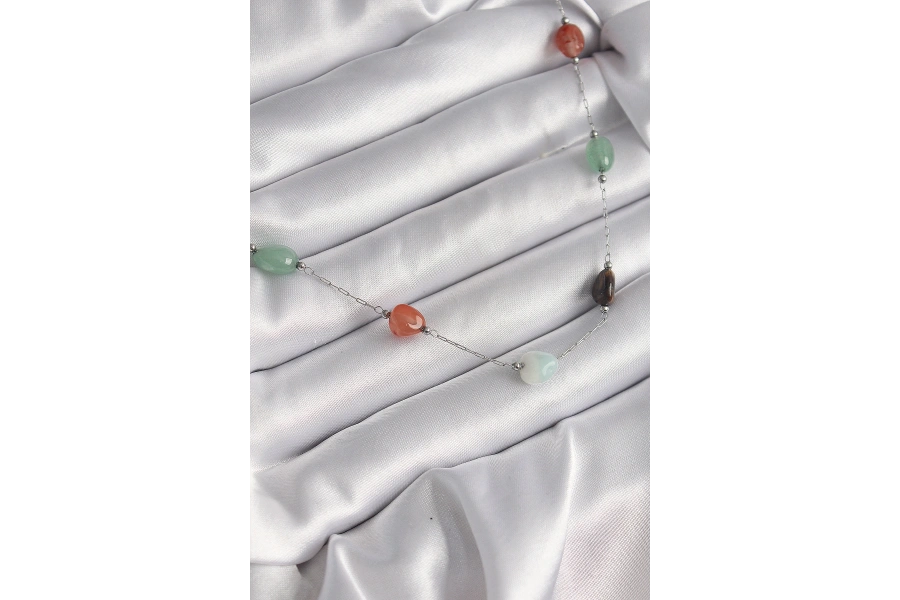 Shoecide 316l Çelik Gümüş Renk Zincir Renkli Doğaltaş Model Kadın Kolye