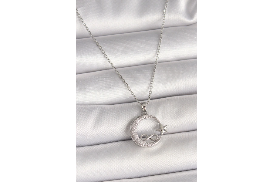 Shoecide 316l Çelik Gümüş Renk Zincir Zirkon Taşlı Ay Yıldız Model Sonsuzluk Detay Kadın Kolye