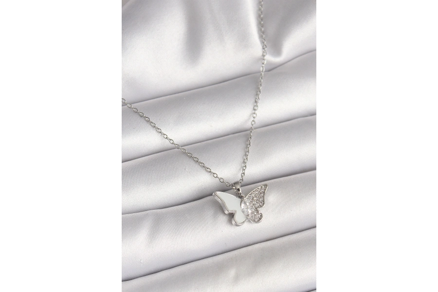 Shoecide 316l Çelik Gümüş Renk Zincir Zirkon Taşlı Beyaz Mineli Kelebek Model Kadın Kolye