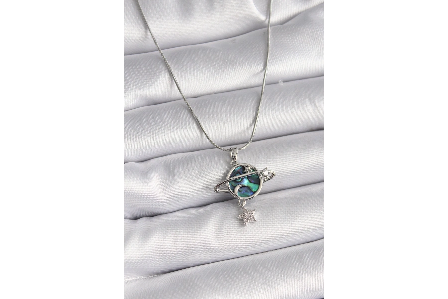 Shoecide 316l Çelik Gümüş Renk Zincir Zirkon Taşlı Gezegen Model Kadın Kolye