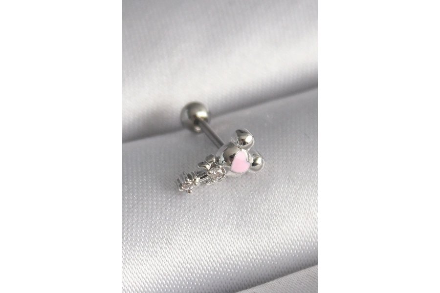 Shoecide 316l Çelik Gümüş Renk Zirkon Taş Detay Pembe Kalp İşleme Tragus Piercing
