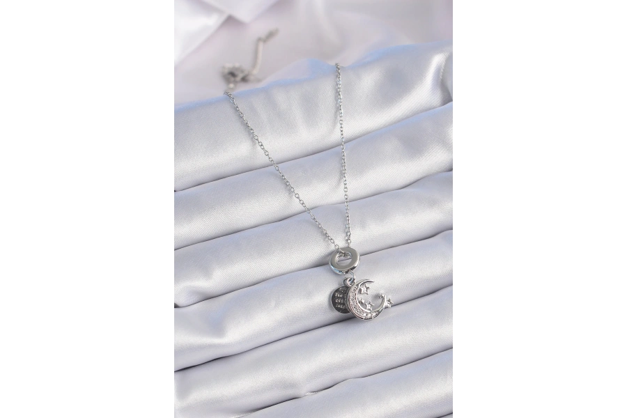 Shoecide 316l Çelik Gümüş Renk Zirkon Taşlı Ay Yıldız  Figür Charm Model Kadın Kolye