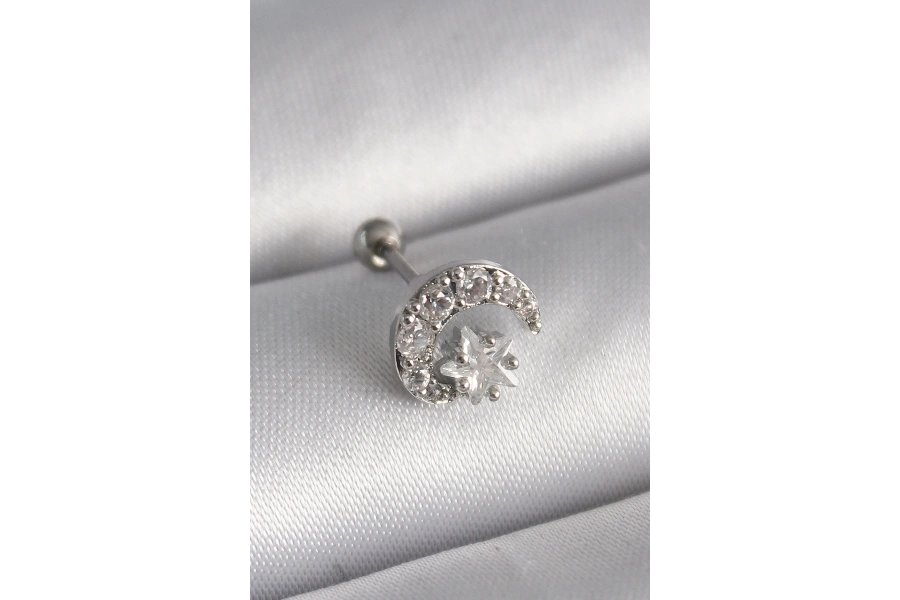 Shoecide 316l Çelik Gümüş Renk Zirkon Taşlı Ay Yıldız Tragus Piercing
