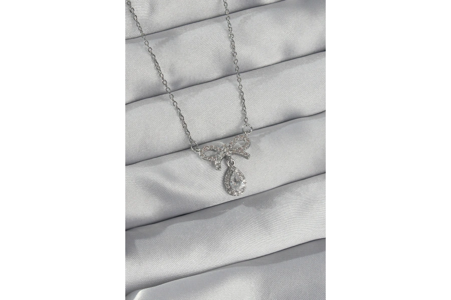 Shoecide 316l Çelik Gümüş Renk Zirkon Taşlı Fiyonk Detay Damla Kolye