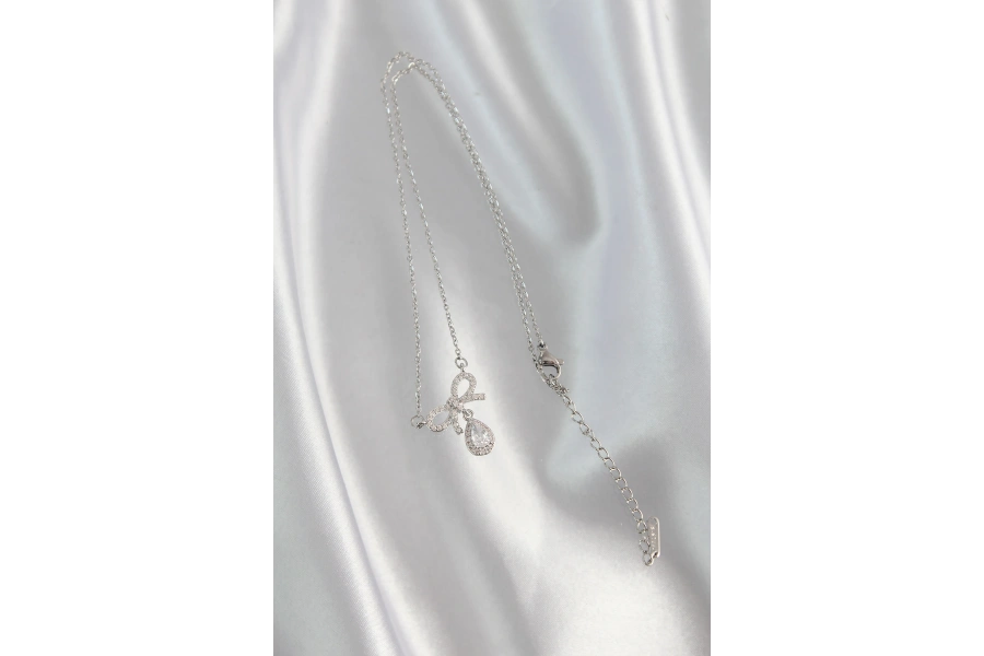 Shoecide 316l Çelik Gümüş Renk Zirkon Taşlı Fiyonk Detay Damla Kolye