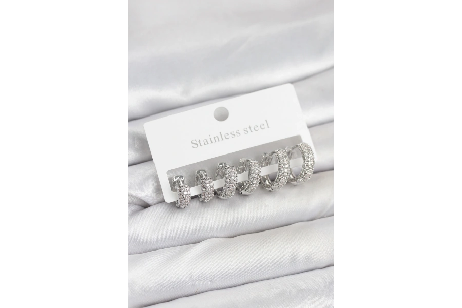 Shoecide 316l Çelik Gümüş Renk Zirkon Taşlı Halka Küpe Seti