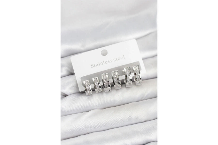 Shoecide 316l Çelik Gümüş Renk Zirkon Taşlı Halka Küpe Seti
