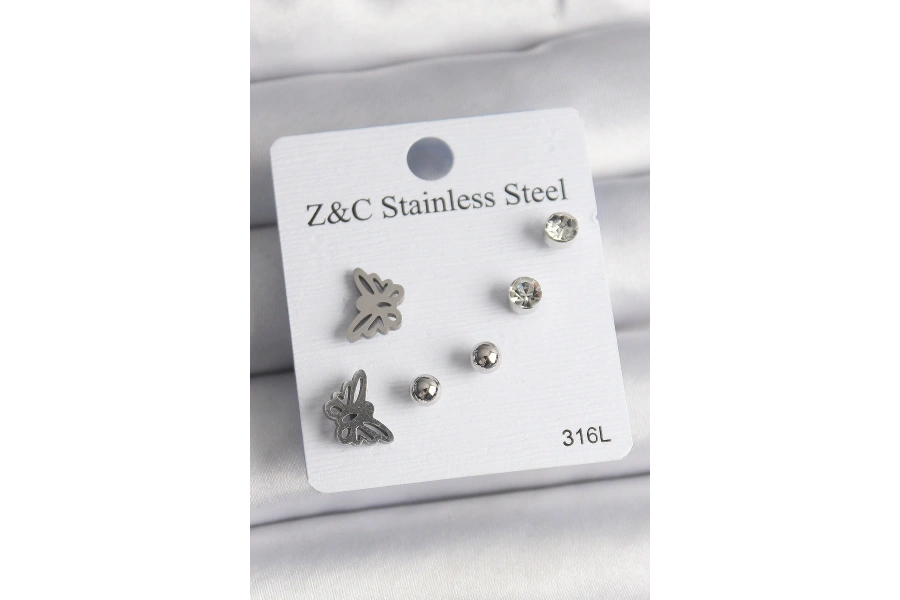 Shoecide 316l Çelik Gümüş Renk Zirkon Taşlı Kelebek Model Kadın Küpe Seti