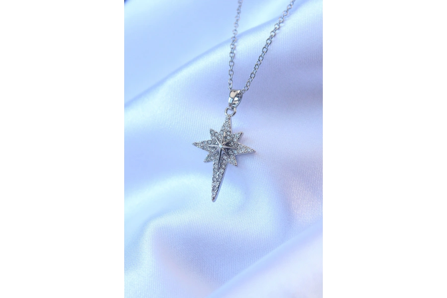 Shoecide 316l Çelik Gümüş Renk Zirkon Taşlı Kutup Yıldızı Model Kolye