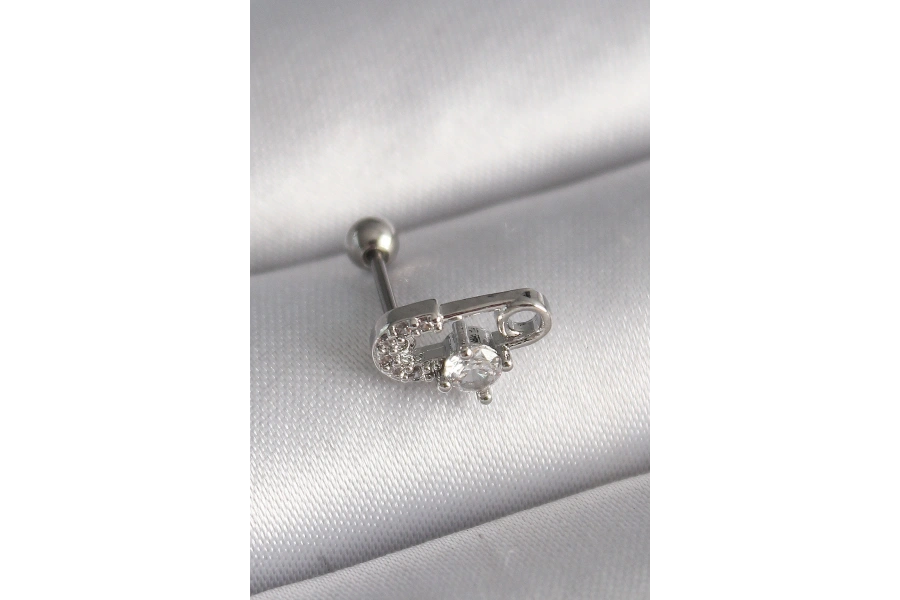 Shoecide 316l Çelik Gümüş Renk Zirkon Taşlı Toplu İğne Tragus Piercing