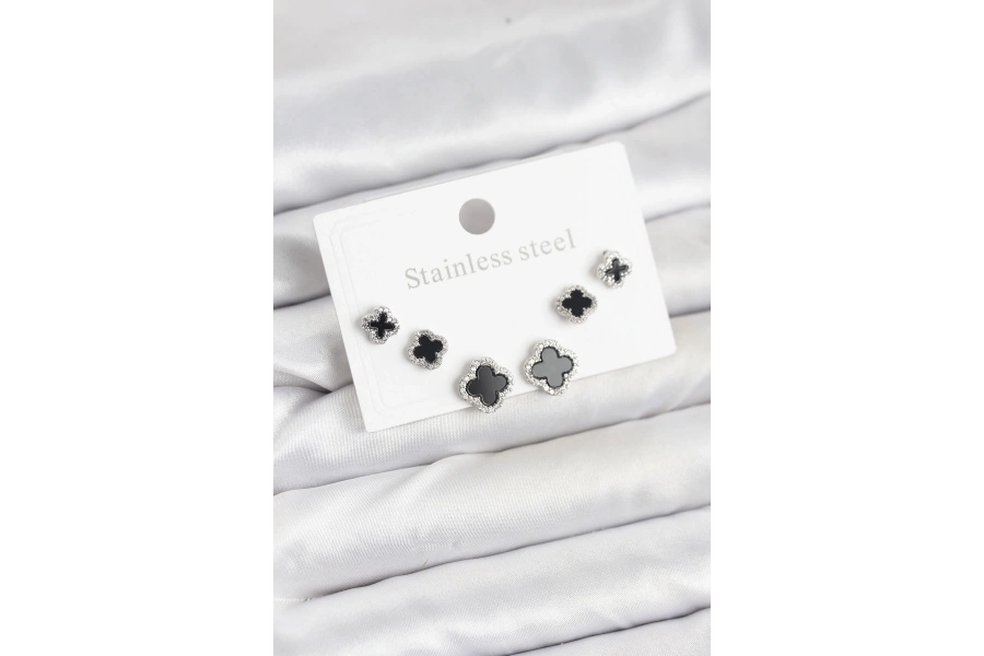 Shoecide 316l Çelik Gümüş Renk Zirkon Taşlı Yonca Model Kadın Küpe Seti