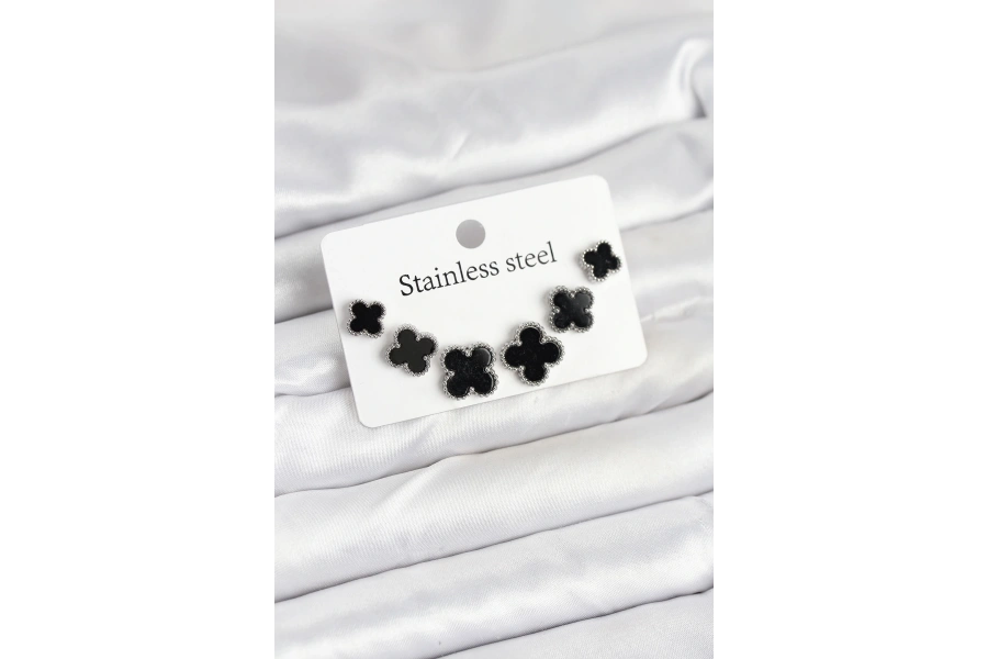 Shoecide 316l Çelik Gümüş Siyah Renk 3 Boy Yonca Küpe Seti