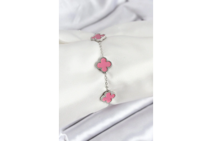 Shoecide 316l Çelik Gümüş Zincir Pembe Renk Yonca Bileklik