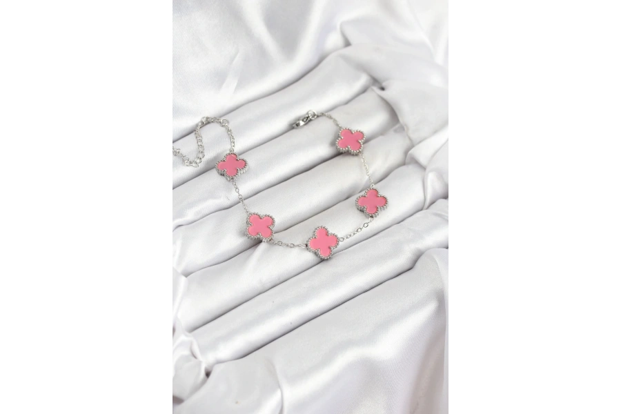 Shoecide 316l Çelik Gümüş Zincir Pembe Renk Yonca Bileklik