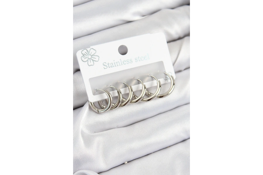 Shoecide 316l Çelik Halka Model Gümüş Renk 3lü Set Kadın Küpe