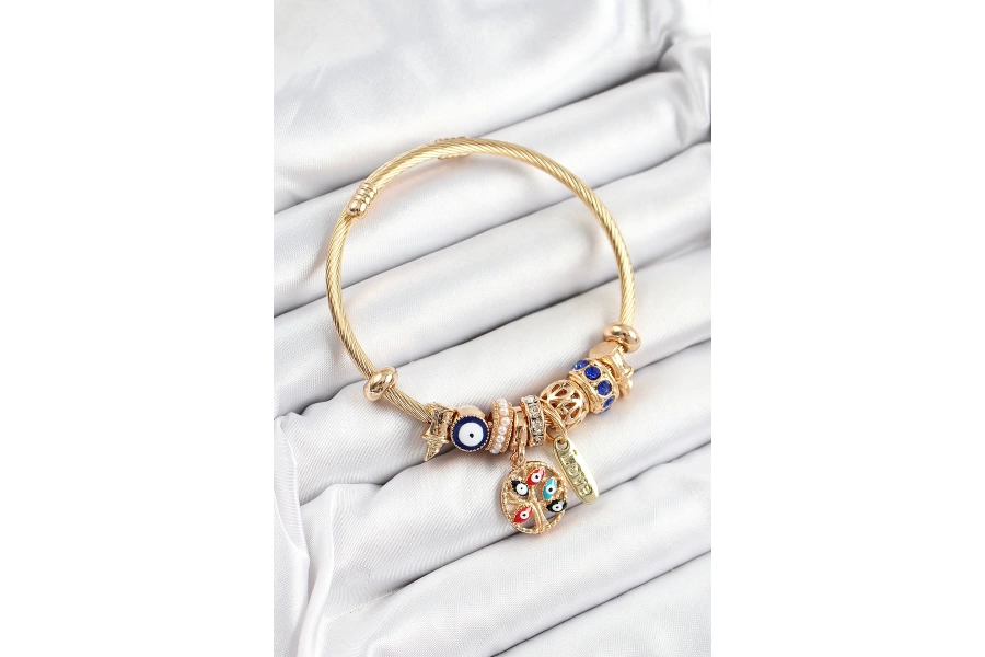Shoecide 316l Çelik Lacivert Nazarlı Zirkon Taşlı İnci Detaylı Hayat Ağacı Model Gold Renk Charm Bileklik