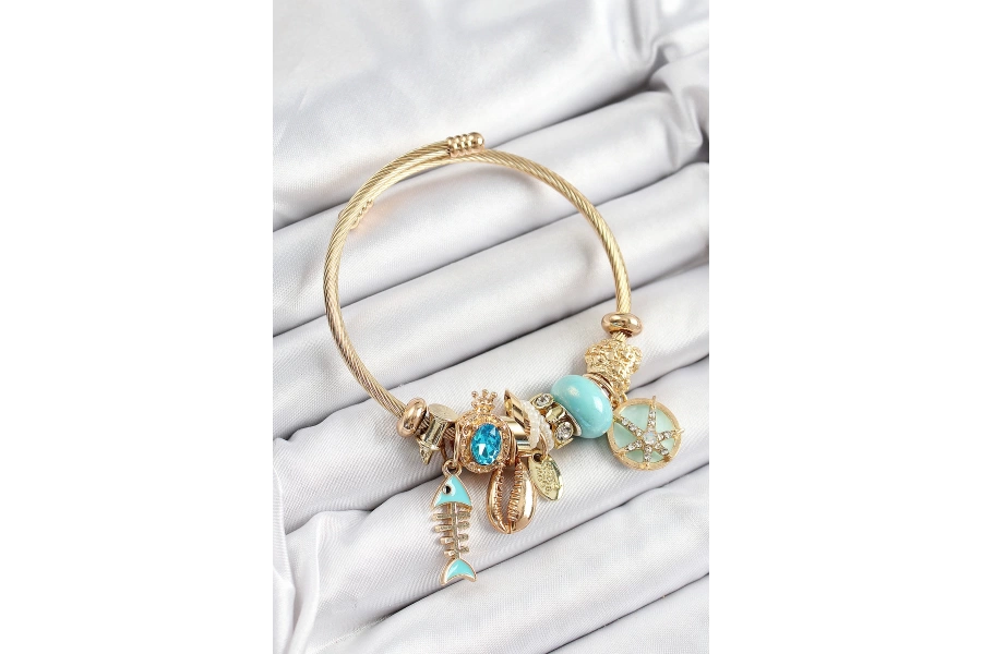 Shoecide 316l Çelik Mavi Zirkon Taşlı Balık Deniz Kabuğu Ve Deniz Yıldızı Model Gold Renk Charm Bileklik