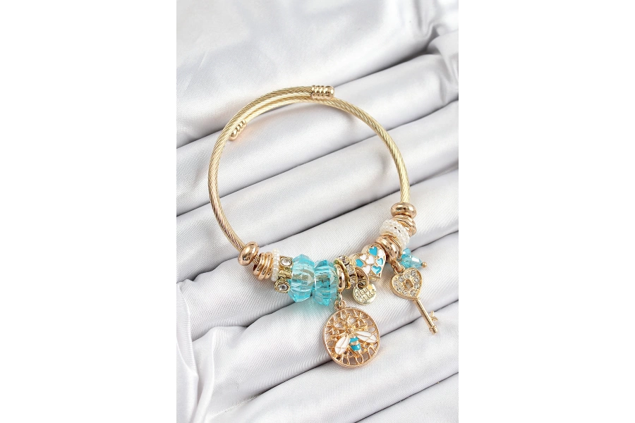 Shoecide 316l Çelik Mavi Zirkon Taşlı Baykuş Arı Ve Anahtar Model Gold Renk Charm Bileklik