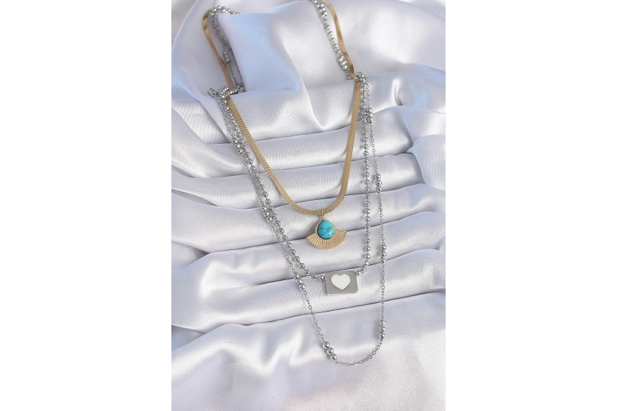 Shoecide 316l Çelik Mix Renk 3lü Zincir Damla Madalyon Figür Uzun Kadın Kolye