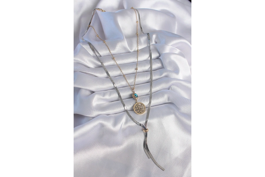 Shoecide 316l Çelik Mix Renk Filiz Figür Nazar Boncuk Detay Uzun Kadın Kolye