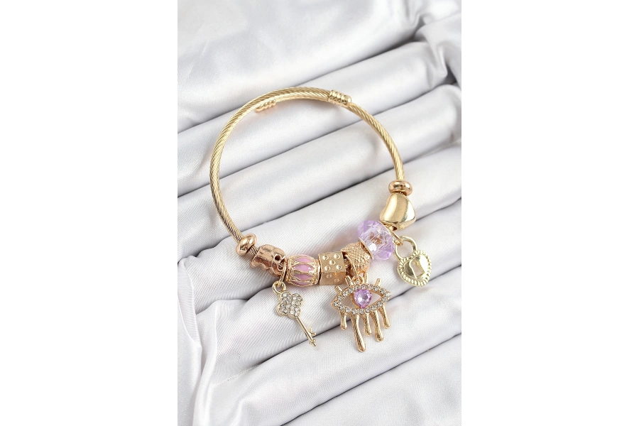 Shoecide 316l Çelik Mor Zirkon Taşlı Kilit Göz Ve Anahtar Model Gold Renk Charm Bileklik