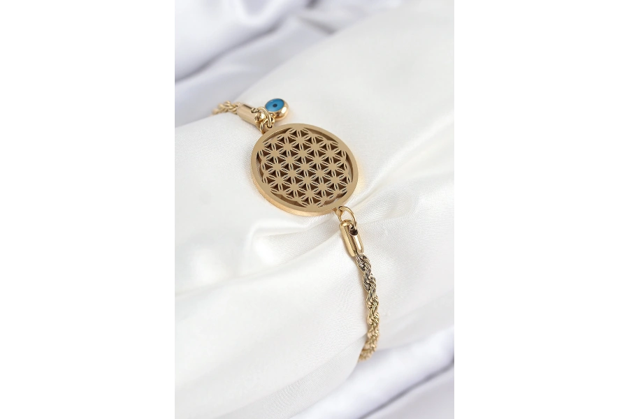 Shoecide 316l Çelik Nazar Boncuğu Detaylı Yaşam Çiçeği Model Gold Renk Kadın Bileklik
