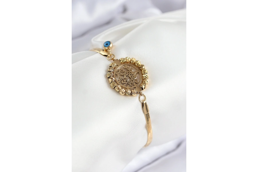 Shoecide 316l Çelik Nazar Boncuk Detaylı Hayat Ağacı Model İtalyan Zincir Gold Renk Kadın Bileklik