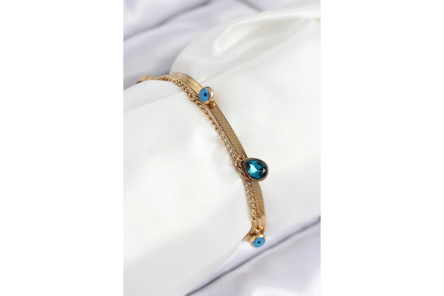 Shoecide 316l Çelik Nazar Boncuk Detaylı Mavi Zirkon Taşlı Model İtalyan Zincir Gold Renk Kadın Bileklik