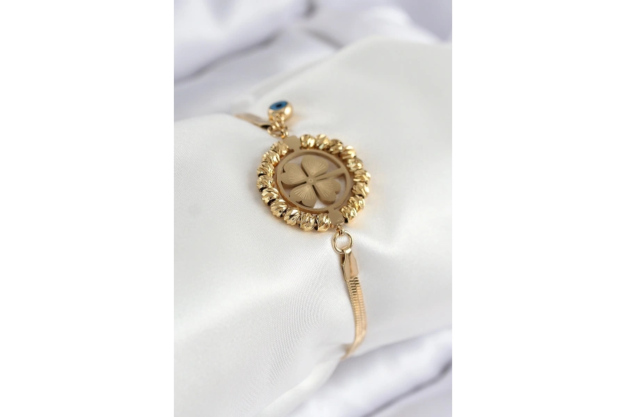 Shoecide 316l Çelik Nazar Boncuk Detaylı Yonca Model İtalyan Zincir Gold Renk Kadın Bileklik