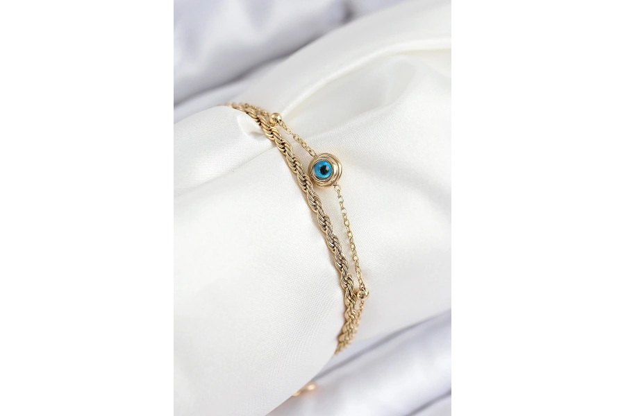 Shoecide 316l Çelik Nazar Boncuk Model Burgu Zincir Gold Renk Kadın Bileklik