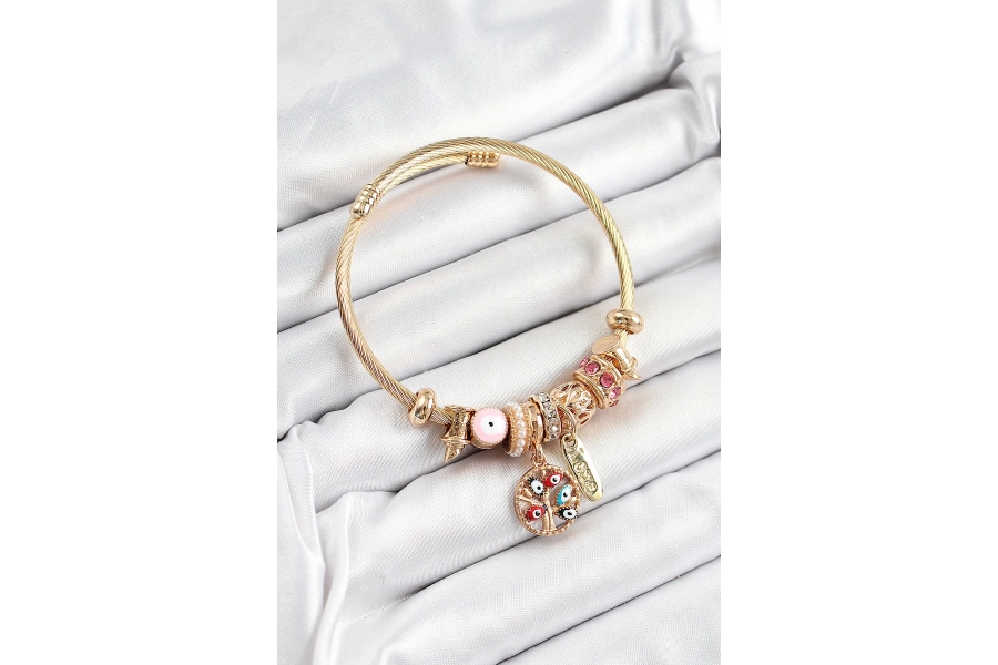 Shoecide 316l Çelik Pembe Nazarlı Zirkon Taşlı İnci Detaylı Hayat Ağacı Model Gold Renk Charm Bileklik