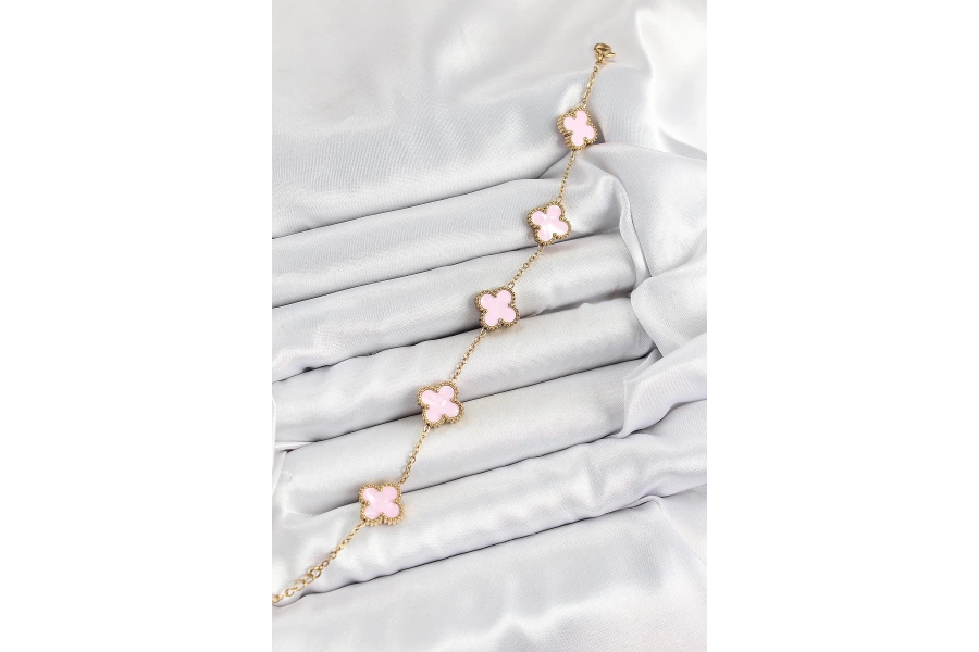 Shoecide 316l Çelik Pembe Sedef Yonca Model Gold Renk Kadın Bileklik