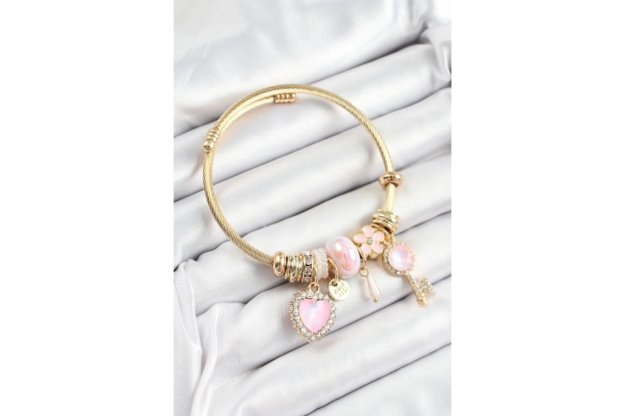 Shoecide 316l Çelik Pembe Zirkon Taşlı Anahtar Ve Kalp Model Gold Renk Charm Bileklik