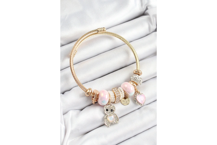 Shoecide 316l Çelik Pembe Zirkon Taşlı Ayıcık Ve Kalp Model Gold Renk Charm Bileklik