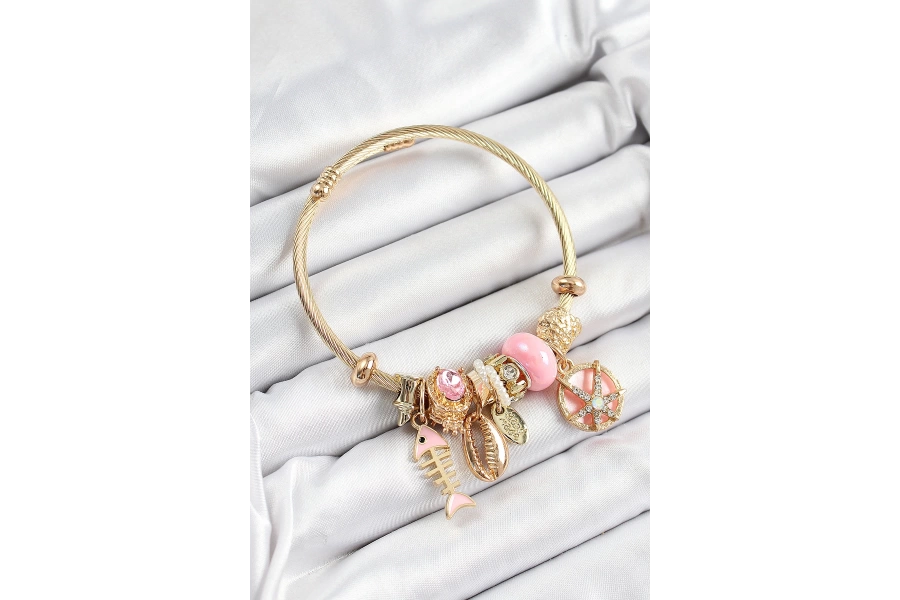 Shoecide 316l Çelik Pembe Zirkon Taşlı Balık Deniz Kabuğu Ve Deniz Yıldızı Model Gold Renk Charm Bileklik