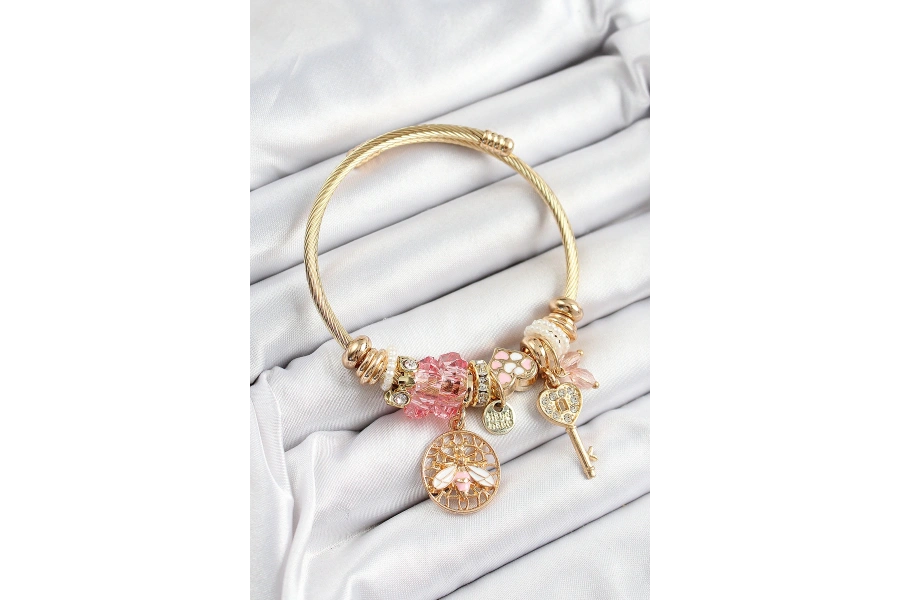 Shoecide 316l Çelik Pembe Zirkon Taşlı Baykuş Arı Ve Anahtar Model Gold Renk Charm Bileklik