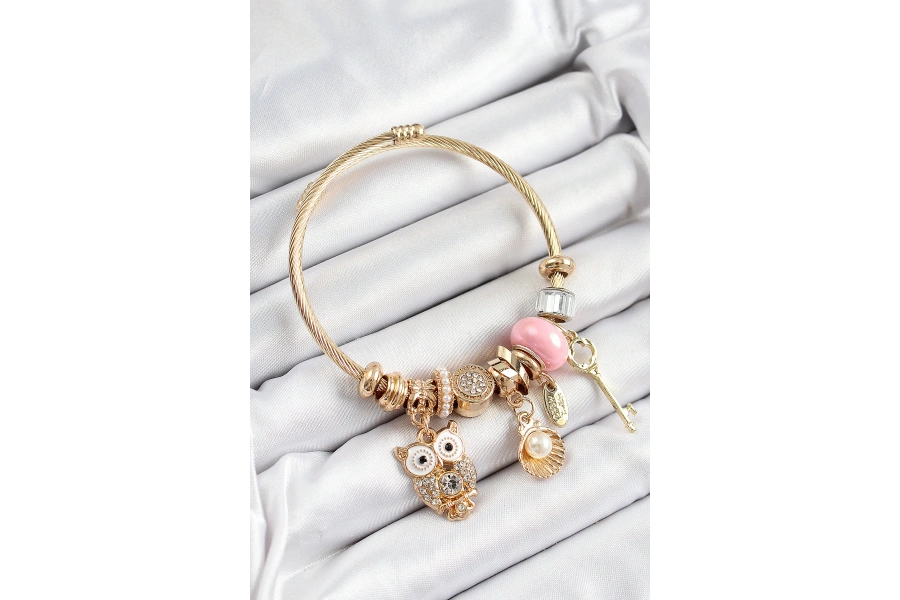 Shoecide 316l Çelik Pembe Zirkon Taşlı Baykuş İstiridye Ve Anahtar Model Gold Renk Charm Bileklik