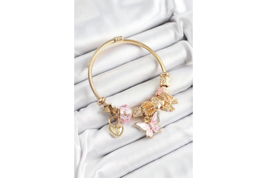 Shoecide 316l Çelik Pembe Zirkon Taşlı Kelebek Fiyonk Ve Kilit Model Gold Renk Charm Bileklik