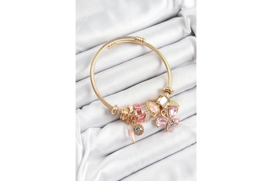 Shoecide 316l Çelik Pembe Zirkon Taşlı Kelebek Model Gold Renk Charm Bileklik