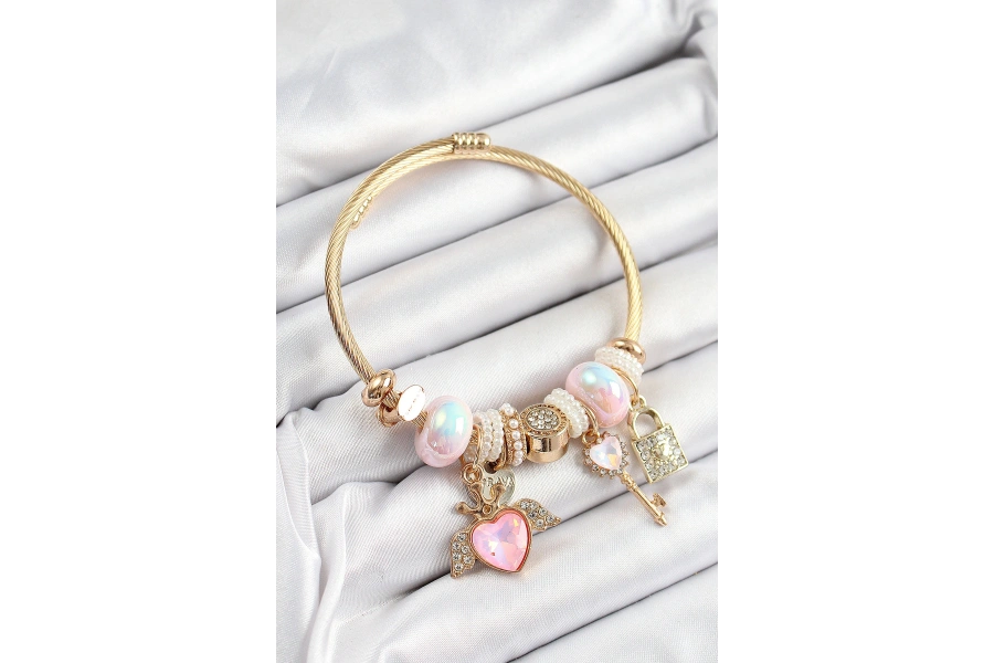 Shoecide 316l Çelik Pembe Zirkon Taşlı Kilit Anahtar Ve Kalp Model Gold Renk Charm Bileklikcharm Bileklik
