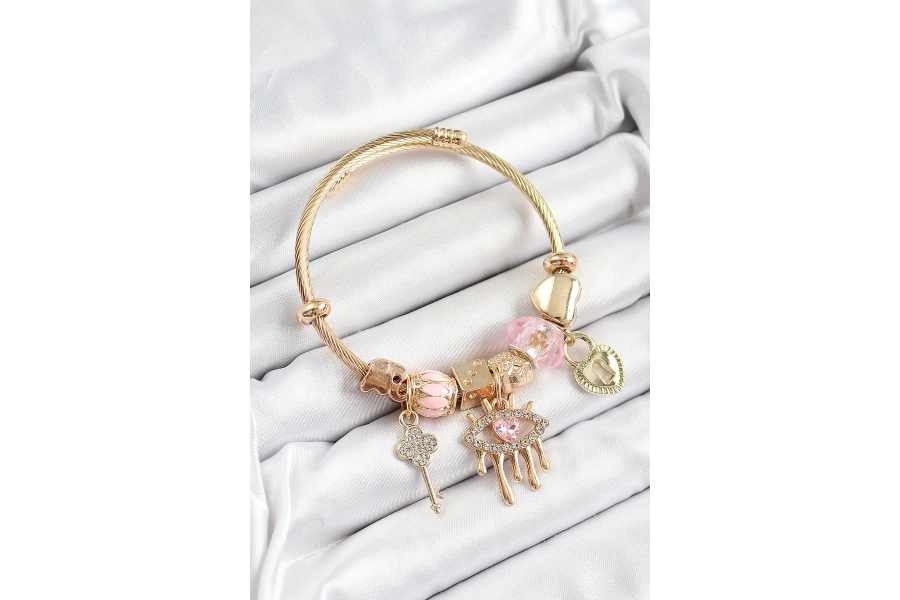 Shoecide 316l Çelik Pembe Zirkon Taşlı Kilit Göz Ve Anahtar Model Gold Renk Charm Bileklik