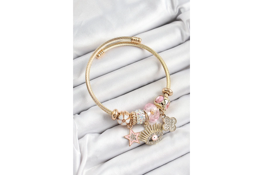 Shoecide 316l Çelik Pembe Zirkon Taşlı Yıldız Göz Ve Yonca Model Gold Renk Charm Bileklik