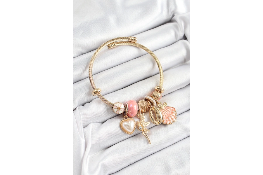 Shoecide 316l Çelik Pembe Zirkon Taşlı Yıldız Melek İstiridye Ve Kalp Model Gold Renk Charm Bileklik