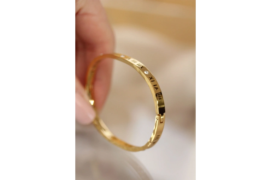 Shoecide 316l Çelik Roma Rakamlı Gold Renk Bilezik Kelepçe