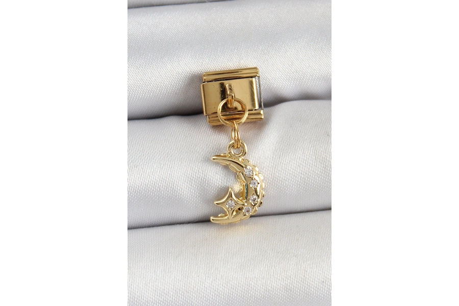 Shoecide 316l Çelik Sallantılı Zirkon Taşlı Ay Model Gold Renk Nomination Charm