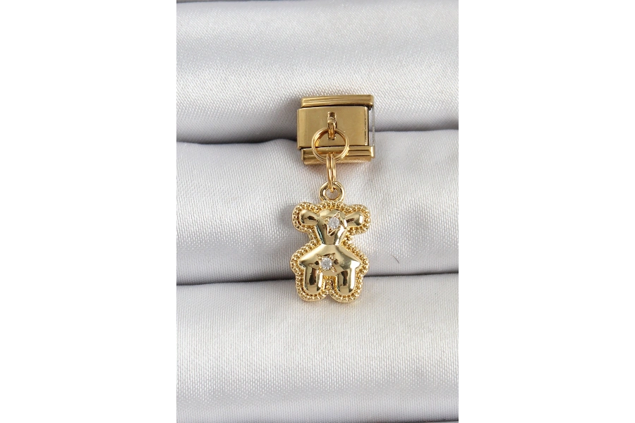 Shoecide 316l Çelik Sallantılı Zirkon Taşlı Ayıcık Model Gold Renk Nomination Charm